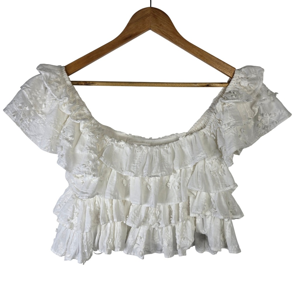 Mable White Eyelet‎ Embroidered Ruffle Off Shoulder Crop Top Medium M
